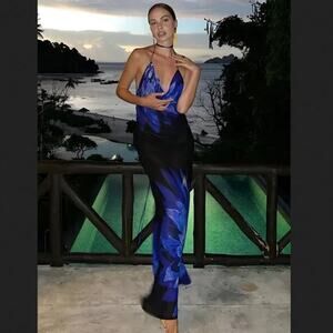 Commense Resort Backless Boho Flowy Tropical Blue Maxi Dress XS